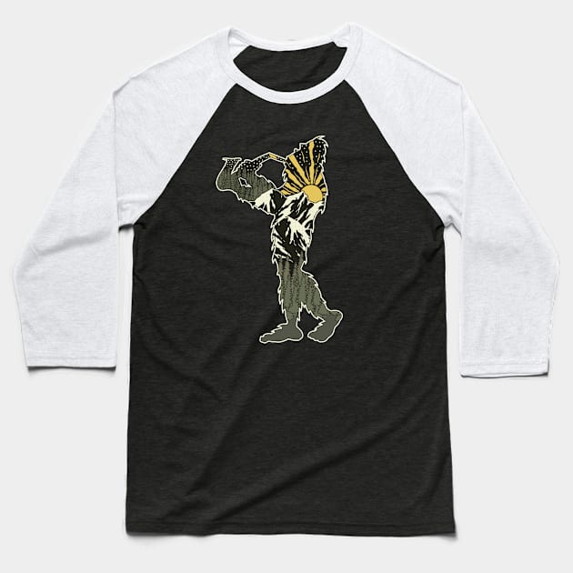 Bigfoot Playing Saxophone Nature Baseball T-Shirt by Tesszero